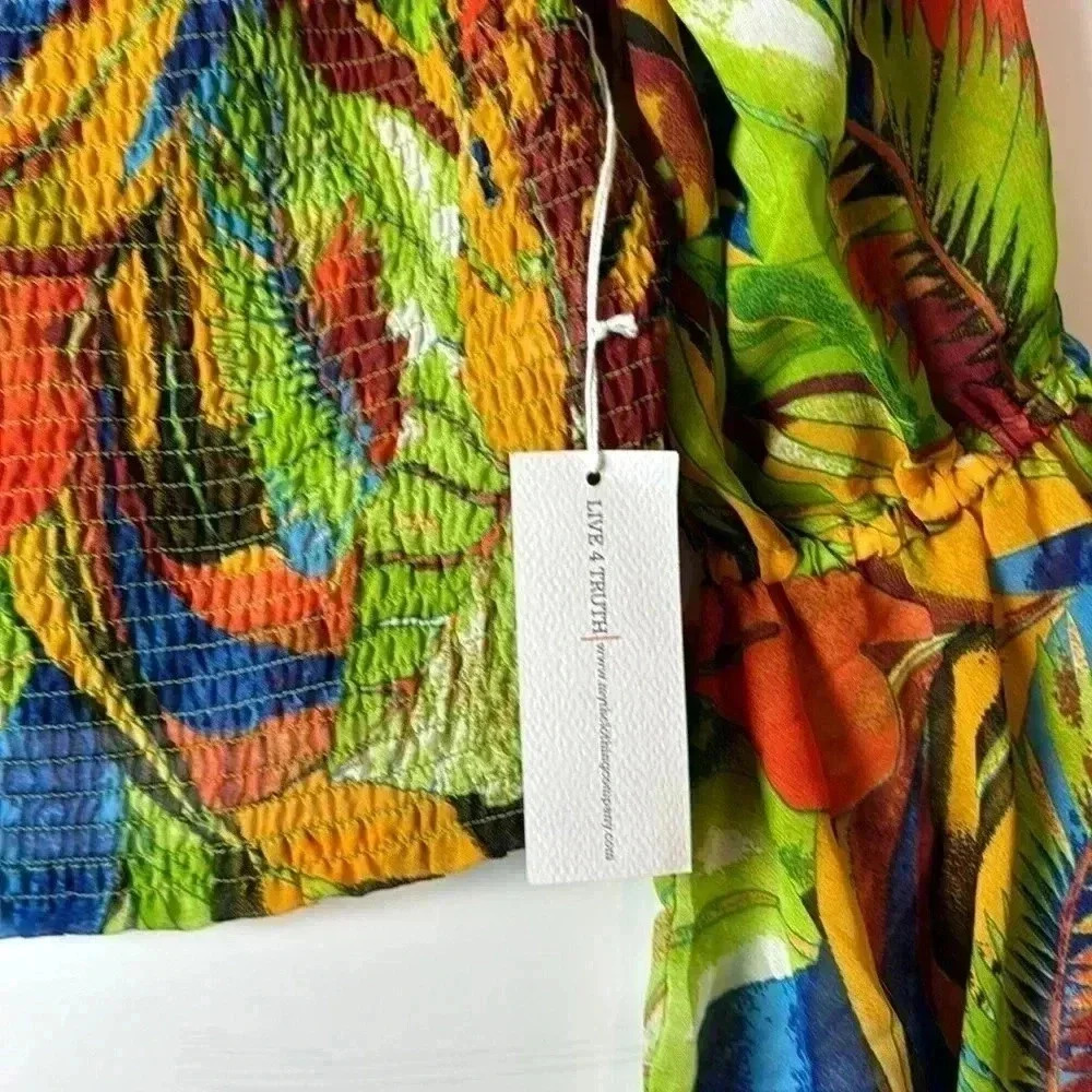 LIVE 4 TRUTH SZM tropical crop top elastic bodice flowing feminine sleeves multi - Picture 6 of 7